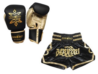 Boksset - Bokshandschoenen en op maat gemaakte Thaise shorts : Set-121-Zwart