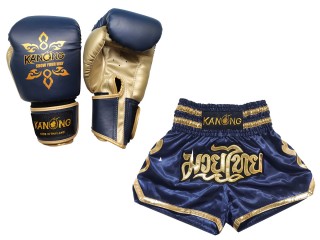 Boksset - Bokshandschoenen en op maat gemaakte Thaise shorts : Set-121-Marineblauw