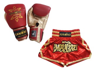 Boksset - Bokshandschoenen en op maat gemaakte Thaise shorts : Set-121-Rood
