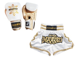 Boksset - Bokshandschoenen en op maat gemaakte Thaise shorts : Set-121-Wit