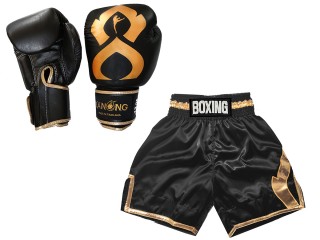 Aangepaste boksset - bokshandschoenen van echt leer en gepersonaliseerde boksshorts : KNCUSET-201-Zwart-Goud