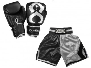 Aangepaste boksset - bokshandschoenen van echt leer en gepersonaliseerde boksshorts : KNCUSET-202-Zwart-Zilver