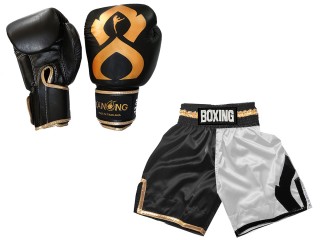 Aangepaste boksset - bokshandschoenen van echt leer en gepersonaliseerde boksshorts : KNCUSET-202-Zwart-Wit