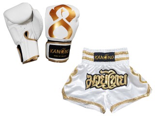 Boksset - Echte leren bokshandschoenen en op maat gemaakte Thaise shorts : Set-121-Thaikick-Wit