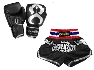 Boksset - Echte leren bokshandschoenen en op maat gemaakte Thaise shorts : Set-125-Gloves-Thaikick-Zwart