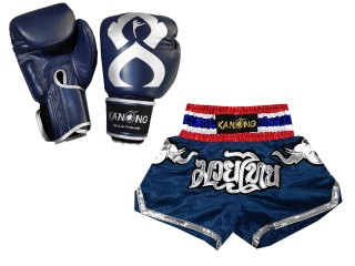 Boksset - Echte leren bokshandschoenen en op maat gemaakte Thaise shorts : Set-125-Gloves-Thaikick-Marineblauw