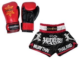 Boksset - Echte leren bokshandschoenen en op maat gemaakte Thaise shorts : Set-133-Gloves-Zwart