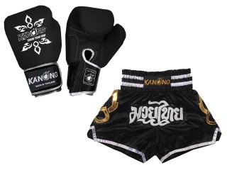 Boksset - Echt leren bokshandschoenen en op maat gemaakte Thaise shorts : Set-143-Gloves-Zwart