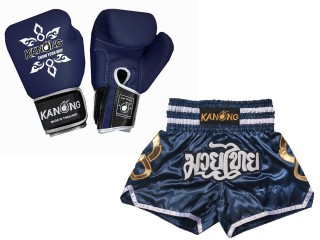 Boksset - Echt leren bokshandschoenen en op maat gemaakte Thaise shorts : Set-143-Gloves-Marineblauw