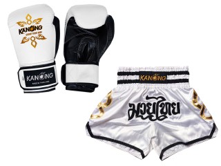 Boksset - Echt leren bokshandschoenen en op maat gemaakte Thaise shorts : Set-143-Gloves-Wit