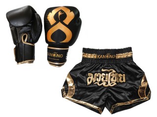 Boksset - Bokshandschoenen van echt leer en op maat gemaakte Thaise shorts : Set-144-Gloves-Zwart-Goud