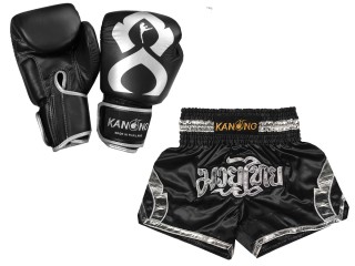 Boksset - Bokshandschoenen van echt leer en op maat gemaakte Thaise shorts : Set-144-Gloves-Zwart-Zilver