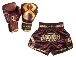 Boksset - Echt leren bokshandschoenen en op maat gemaakte Thaise shorts : Set-144-Gloves-Maroon
