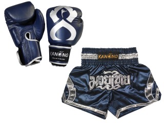 Boksset - Bokshandschoenen van echt leer en op maat gemaakte Thaise shorts : Set-144-Gloves-Marineblauw