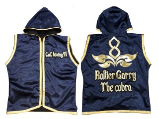 Gepersonaliseerde heren boksringjas met capuchon : KNHODCUST-001-Marineblauw-Goud